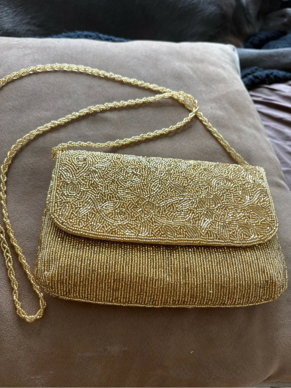 Gold Glitz Beaded Evening Clutch with Lacey Gold Chain Strap